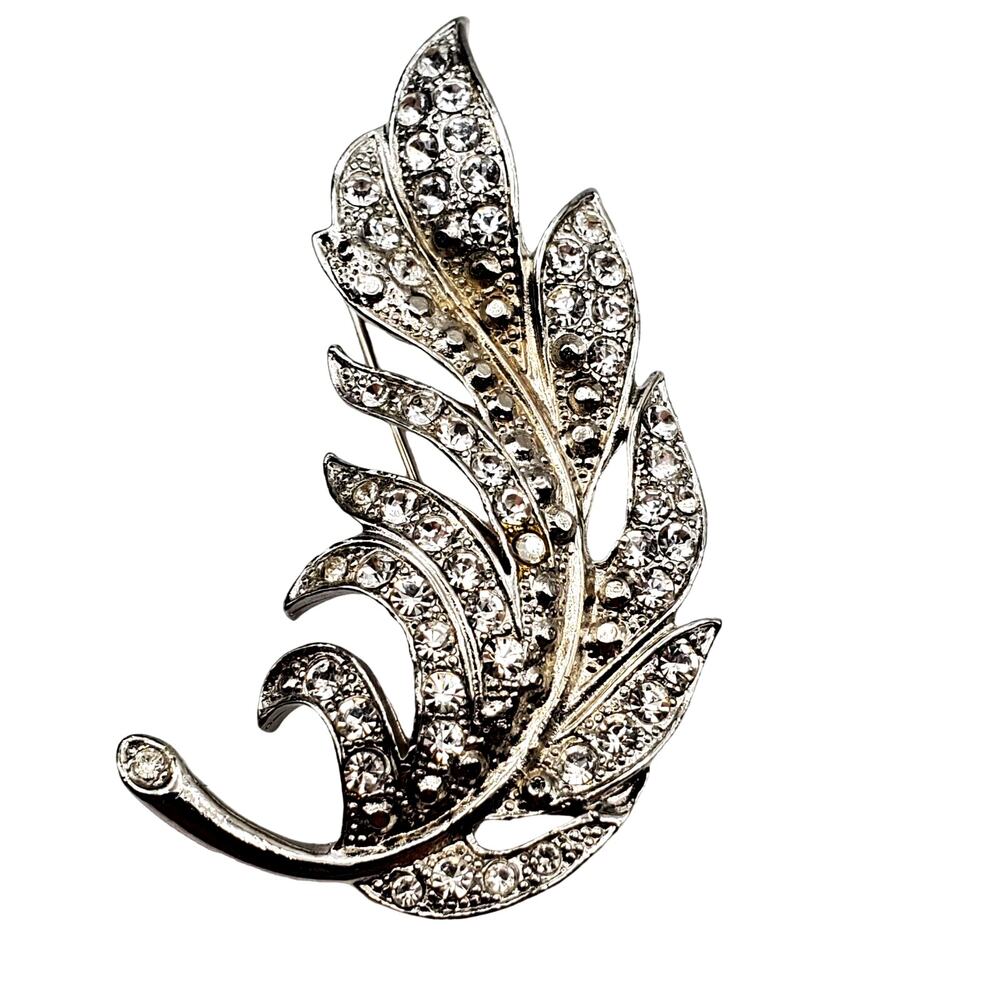 Rhinestone Leaf Brooch Silver Tone Pin Feather Mid Century 60s‎ Faux Marcasite